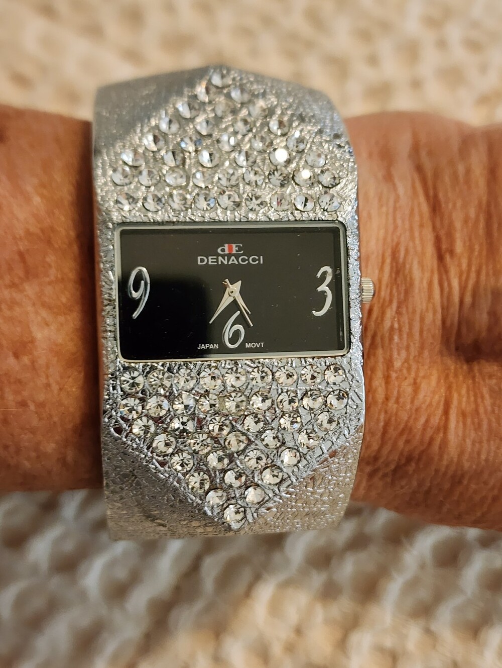 Denacci Silvertone Crystal Accents Cuff Bracelet Watch Needs Battery